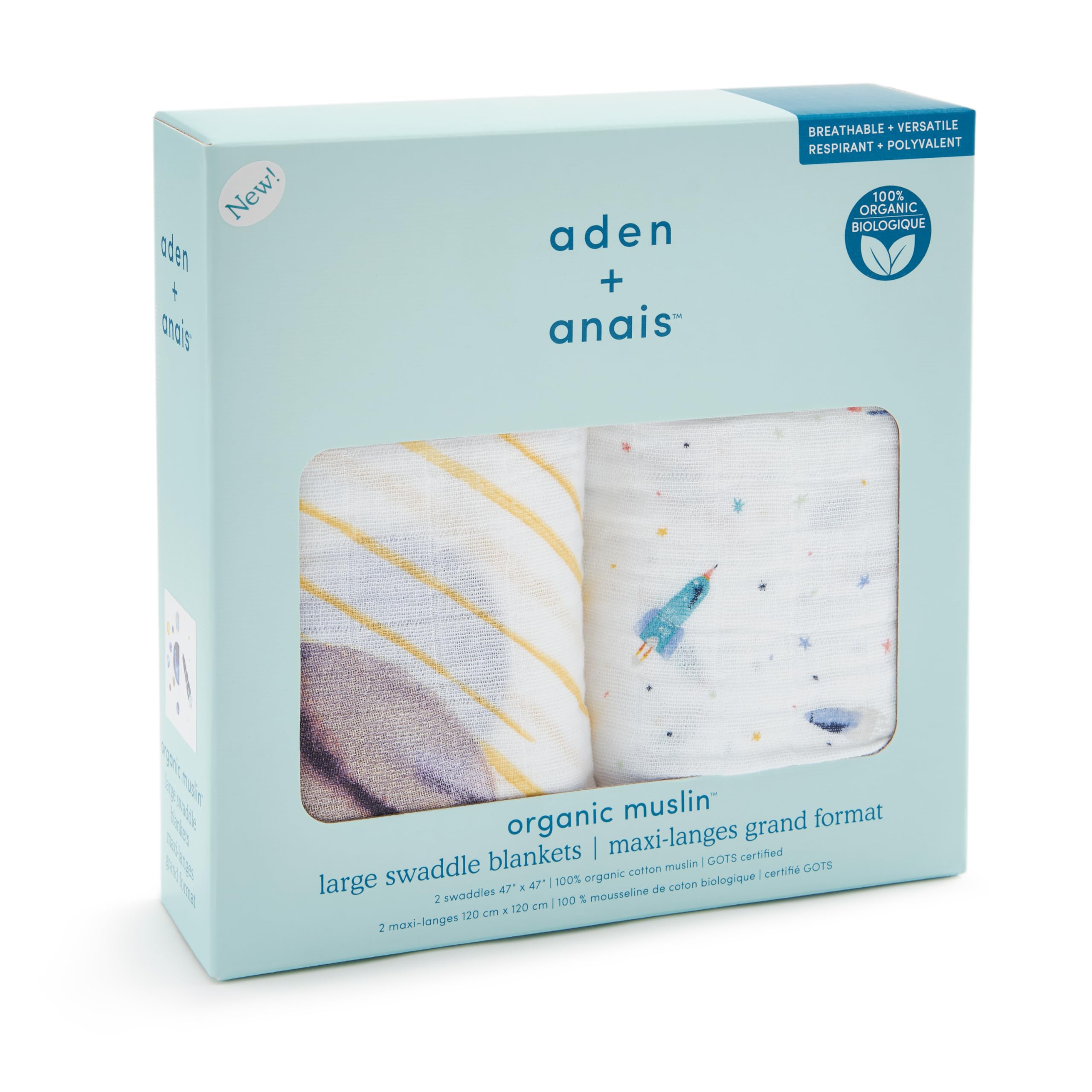 aden + anais Coperta traspirante in 100% mussola di cotone biologico, ideale per ragazzi, ragazze, neonati, neonati e neonati, coperta morbida e leggera, confezione da 2, spazio orbita
