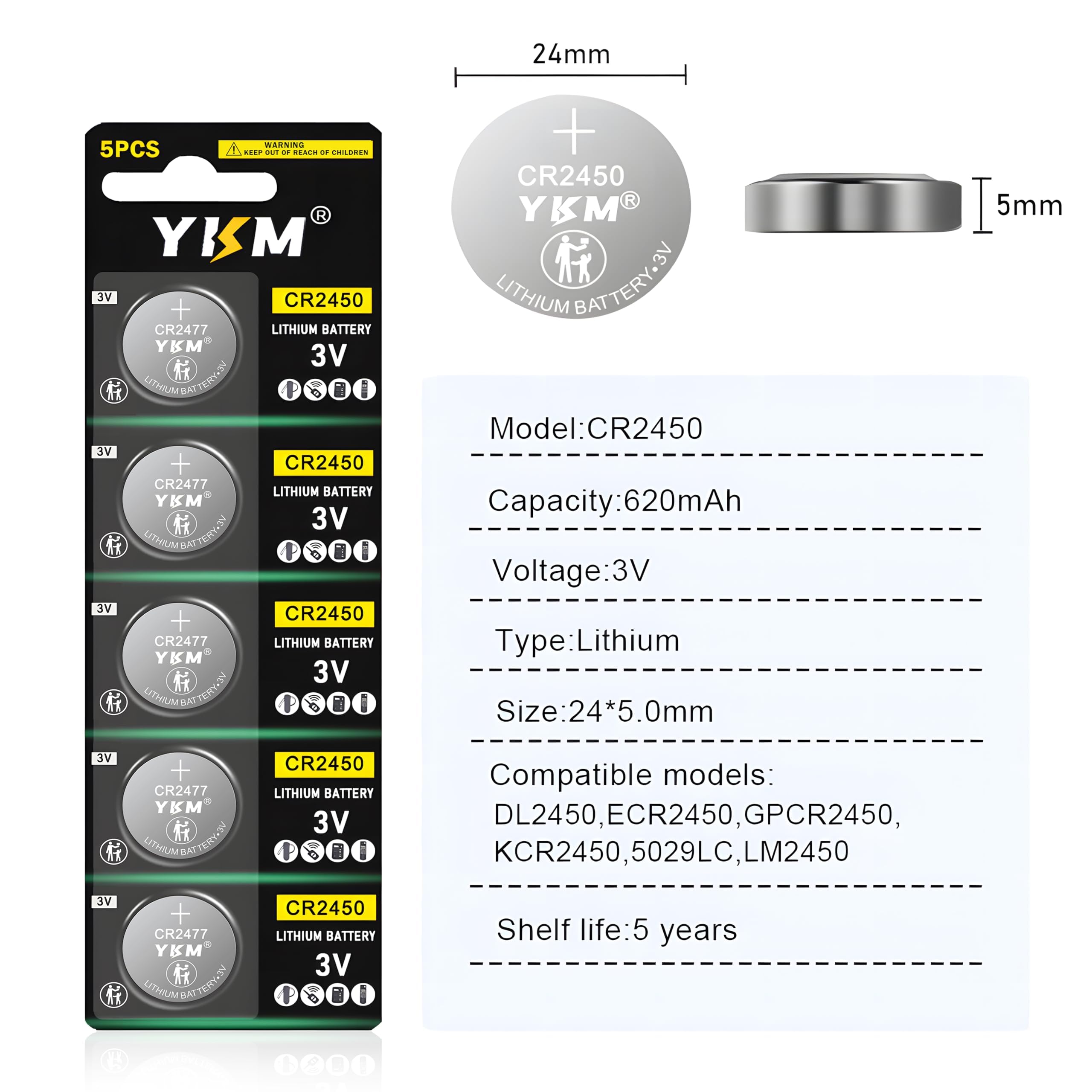 YKM CR2450 Battery 5 Pack, CR 2450 3V Lithium Coin Cell Batteries, Button Battery CR2450 Batteries for Flameless Candles