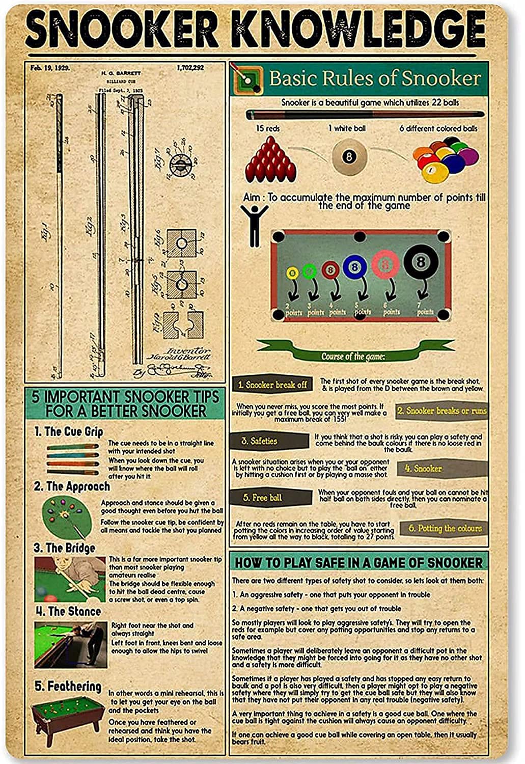 Kwqdozf Snookerknowledge1 Billiards Fans Metal Signs Snooker Knowledge Retro Posters Club Decor Printed Plaque For Room Home Store Wall Decor 8X12 Inches