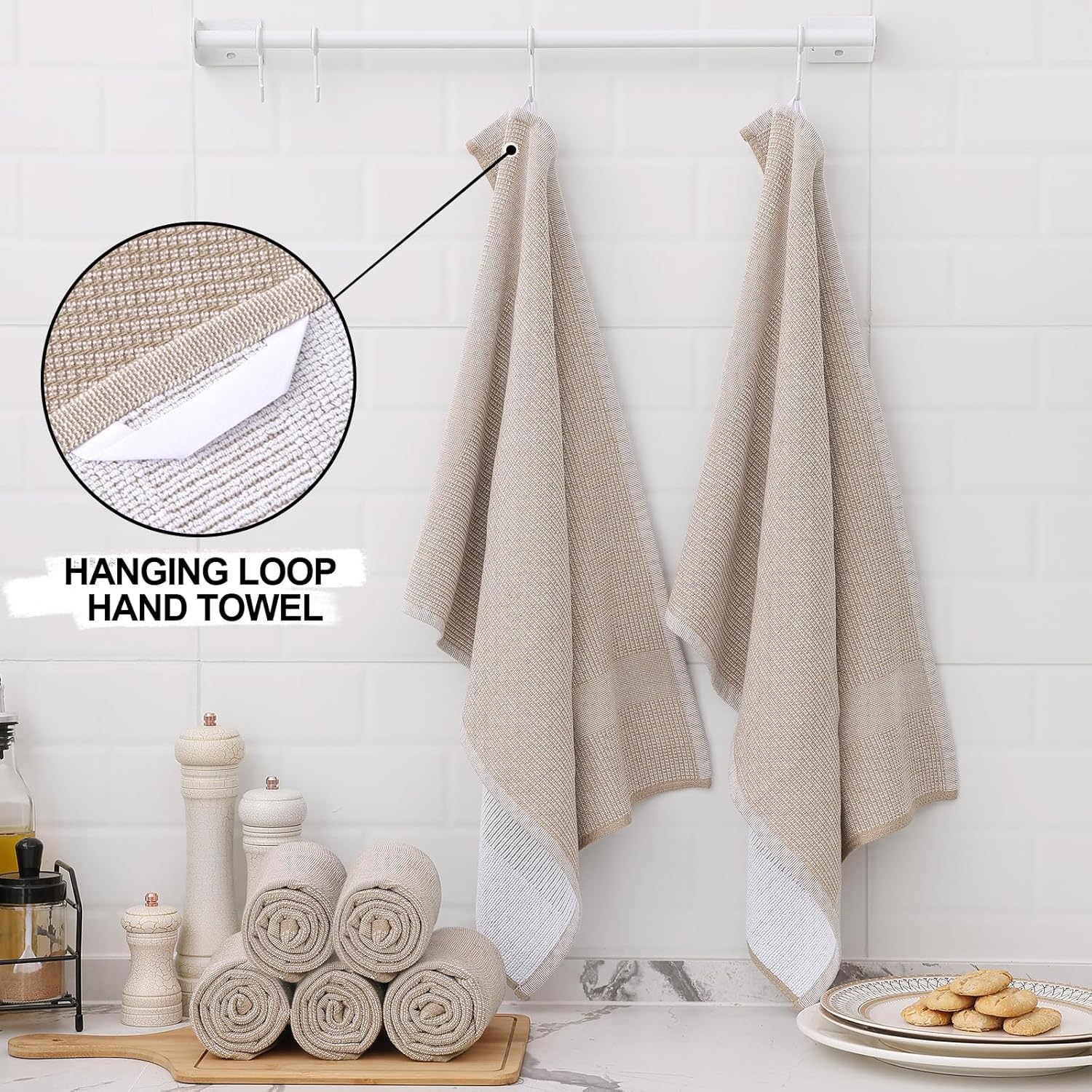Homaxy Premium Kitchen Towels(18”x 28”, 6 Pack), Large Cotton Kitchen Hand Towels, Flat and Terry Dish Towels, 380 GSM Highly Absorbent Tea Towel Set with Hanging Loop, Khaki - Image 3