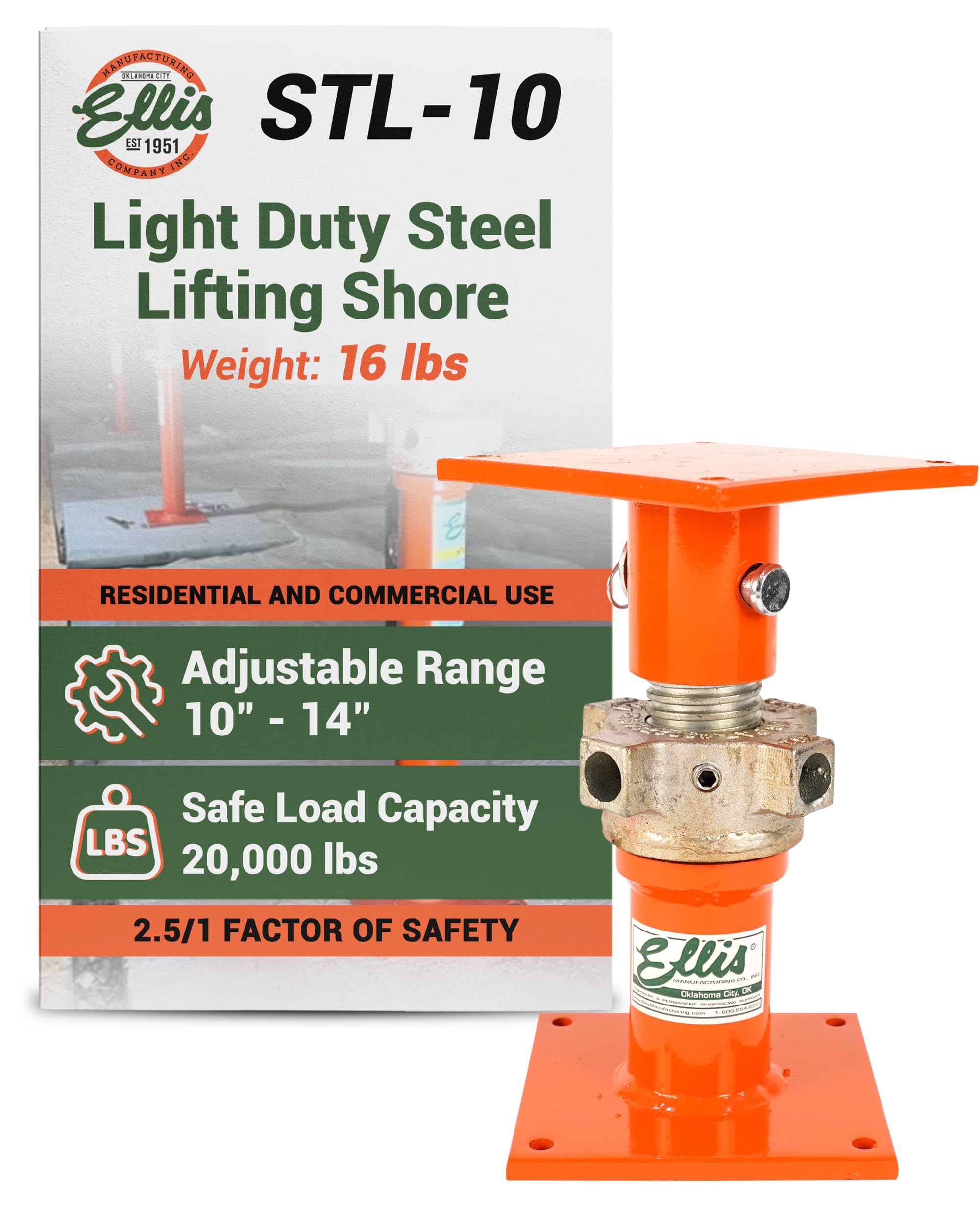 - Ellis Manufacturing Light-Duty Steel Lifting Shore – House Jack for Foundation Leveling, Concrete, Beams, and Basement – 20,000 lb Safe Load Capacity – 10"-14" Adjustment