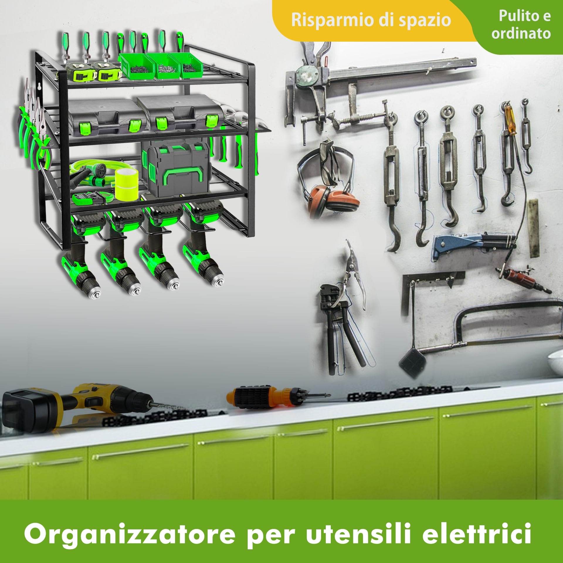 Mimoke Scaffale portautensili montato a parete – organizzatore di utensili elettrici a 4 livelli & organizzatore per attrezzi per garage e officina (4 livelli)