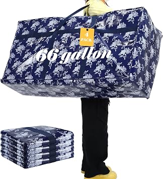 4 Pcs 66 Gallon Large Moving Bags with Zipper and Handles Christmas Tree Bags Foldable Heavy Duty XXL Totes for Christmas 4ft 5ft Tree Skeleton Blankets StoragePrinted