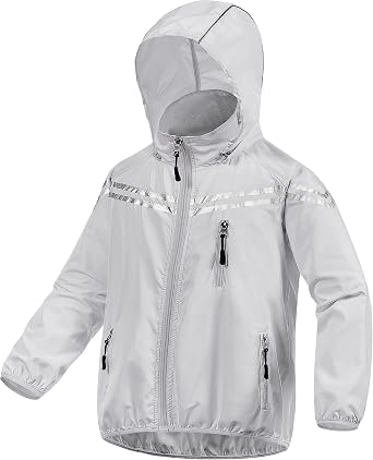 Boys Girls Rain Coat Kids Reflective Cycling Jacket Waterproof Packable Children Windbreaker With Removable Hood