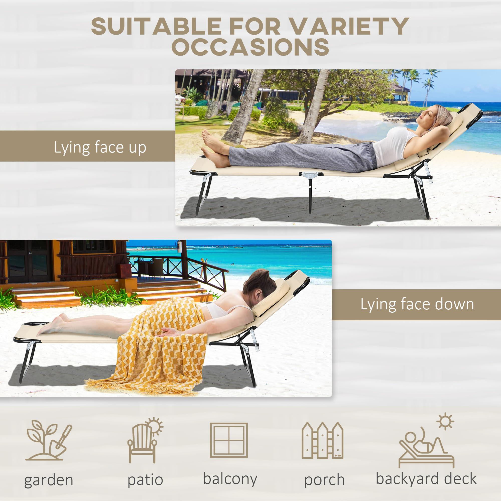 Outsunny Lot de 2 transats pliants avec Trou pour Visage, Sable | Transat de jardin à dossier réglable 4 positions, siège Oxford 500D, coussin, plage