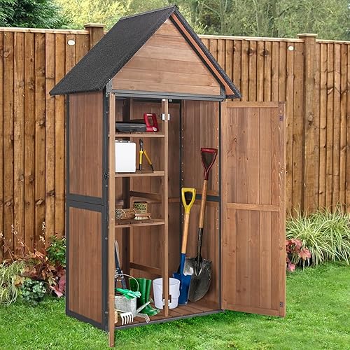 Outdoor Storage Shed,Vertical Wooden Tool Shed with Waterproof Roof,Adjustable 3 Tiers Shelves,Storage Tool Cabinet Box with Metal Frame Sloped Roof for Backyard Garden Patio Lawn (Brown)