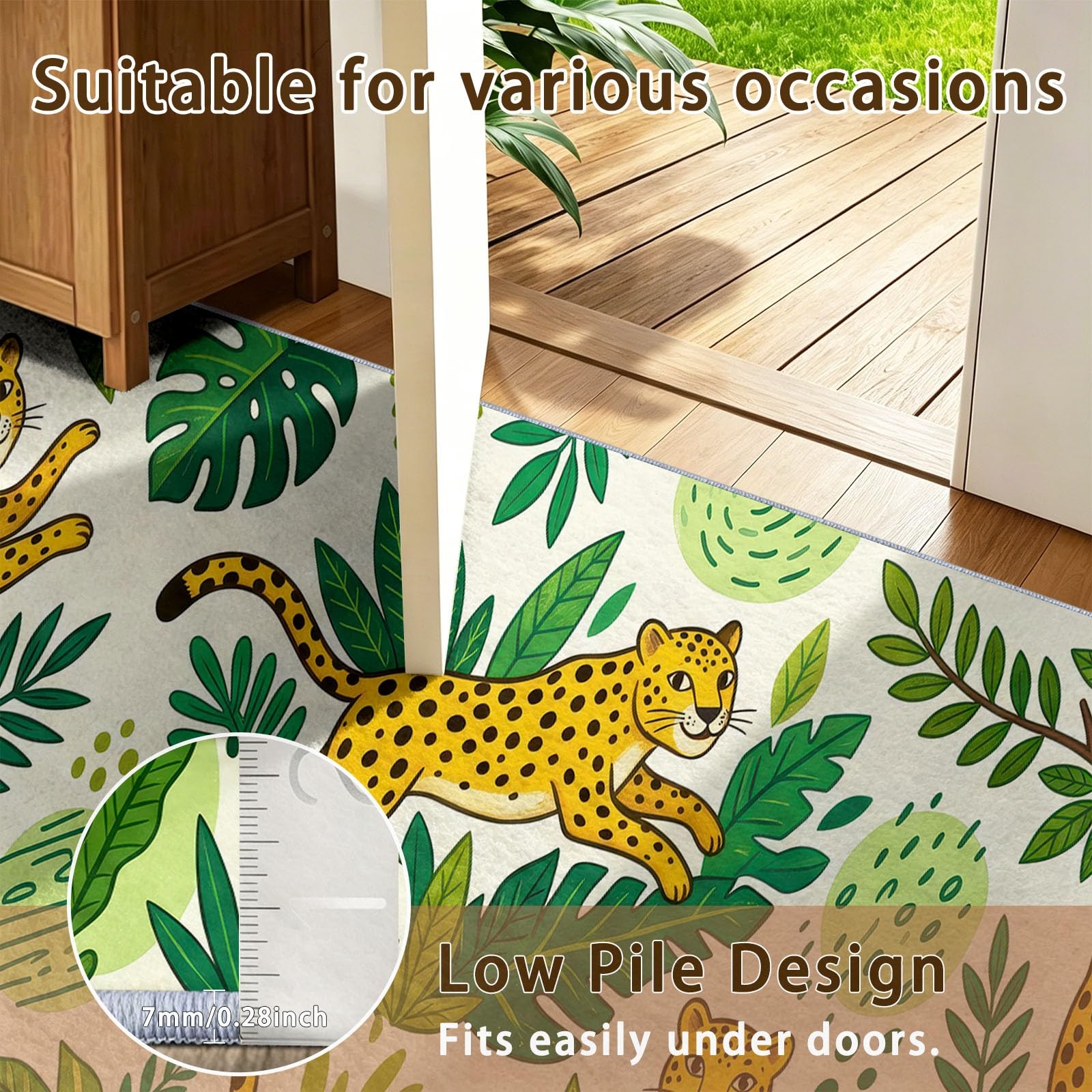 Tropisch Cartoon Leopard Monstera Farnblätter Waschbarer Schlafzimmer Teppich 120 x 170 cm - abwaschbar rutschfest Weich - Teppich für Wohnzimmer Esszimmer Büro Kinderzimmer