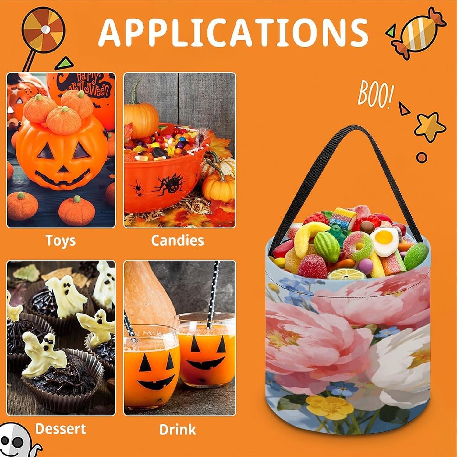 LLUTSNTH Cute Flower Aesthetic Halloween Tote Treat Bag for Trick Or Treat image 3
