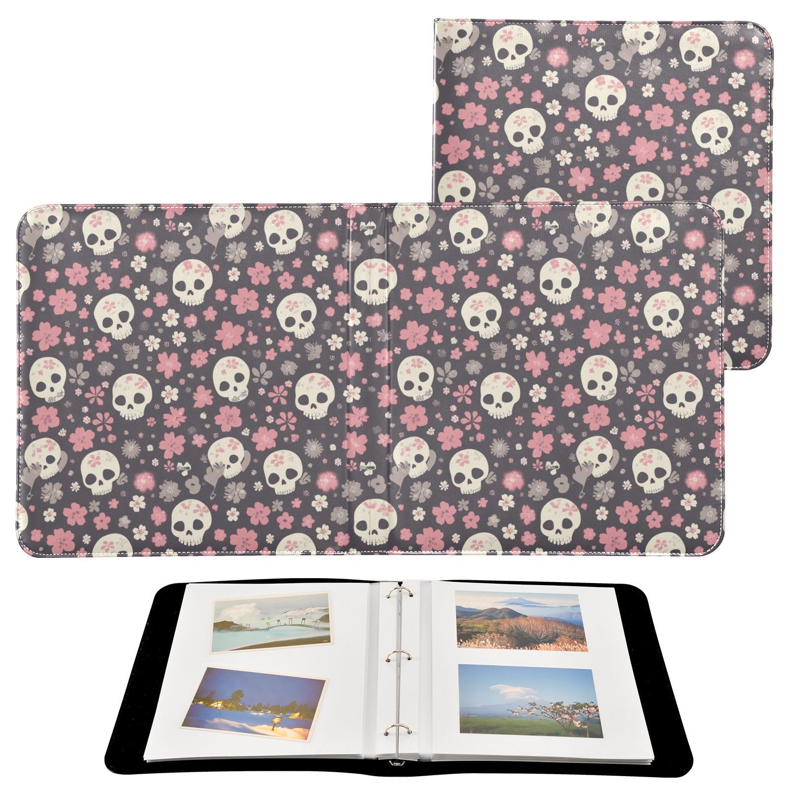 Kigai Rose Skull Photo Album Self Adhesive Scrapbook Album Leather Cover DIY Picture Scrap Book with 20 Adhesive Sheets, 11.8x24x0.8 inch