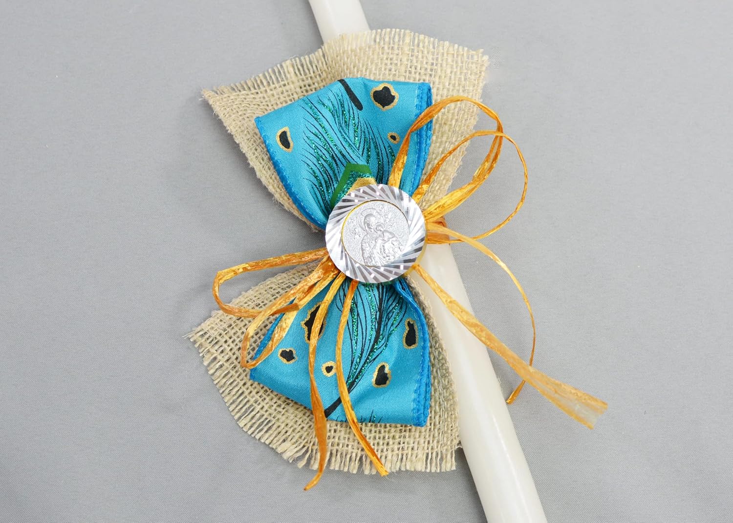 Dahlia Weddings and Baptisms Greek Orthodox Easter Candle - Feather Flower - Pascha Lambathes - Πασχαλινἐς Λαμπάδες | Dahlia Turquoise Bow