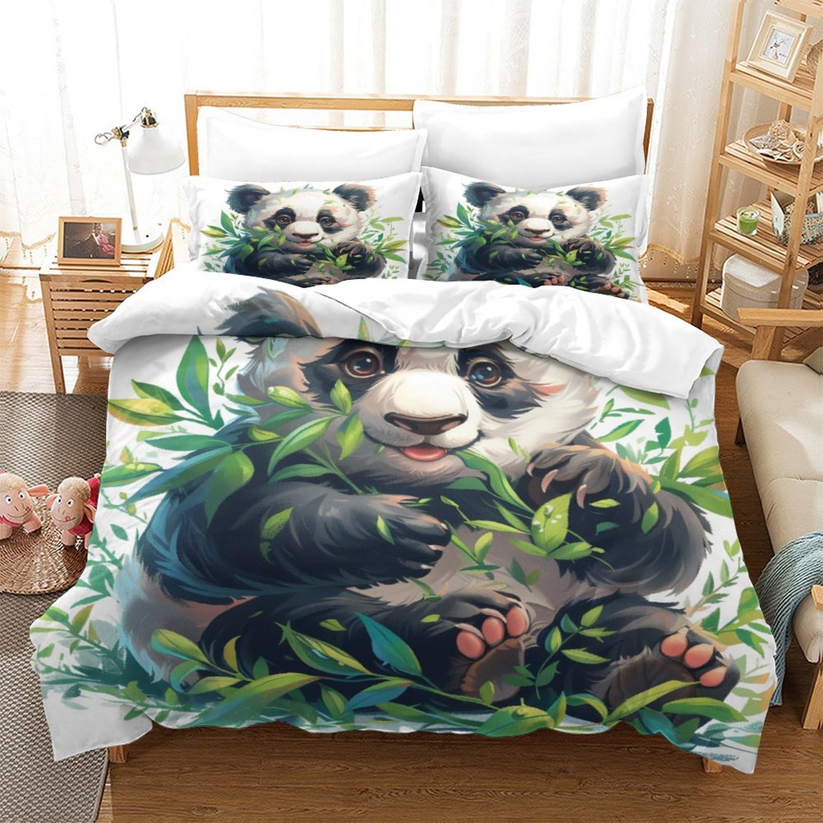 Ensemble couette panda en microfibre douce et thermorégulatrice pour lit 1 personne