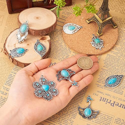 Vista 24 de FASHEWELRY 16 piezas de aretes de turquesa de estilo tibetano, joyería occidental redonda plana, joyería occidental, colgantes de piedras preciosas