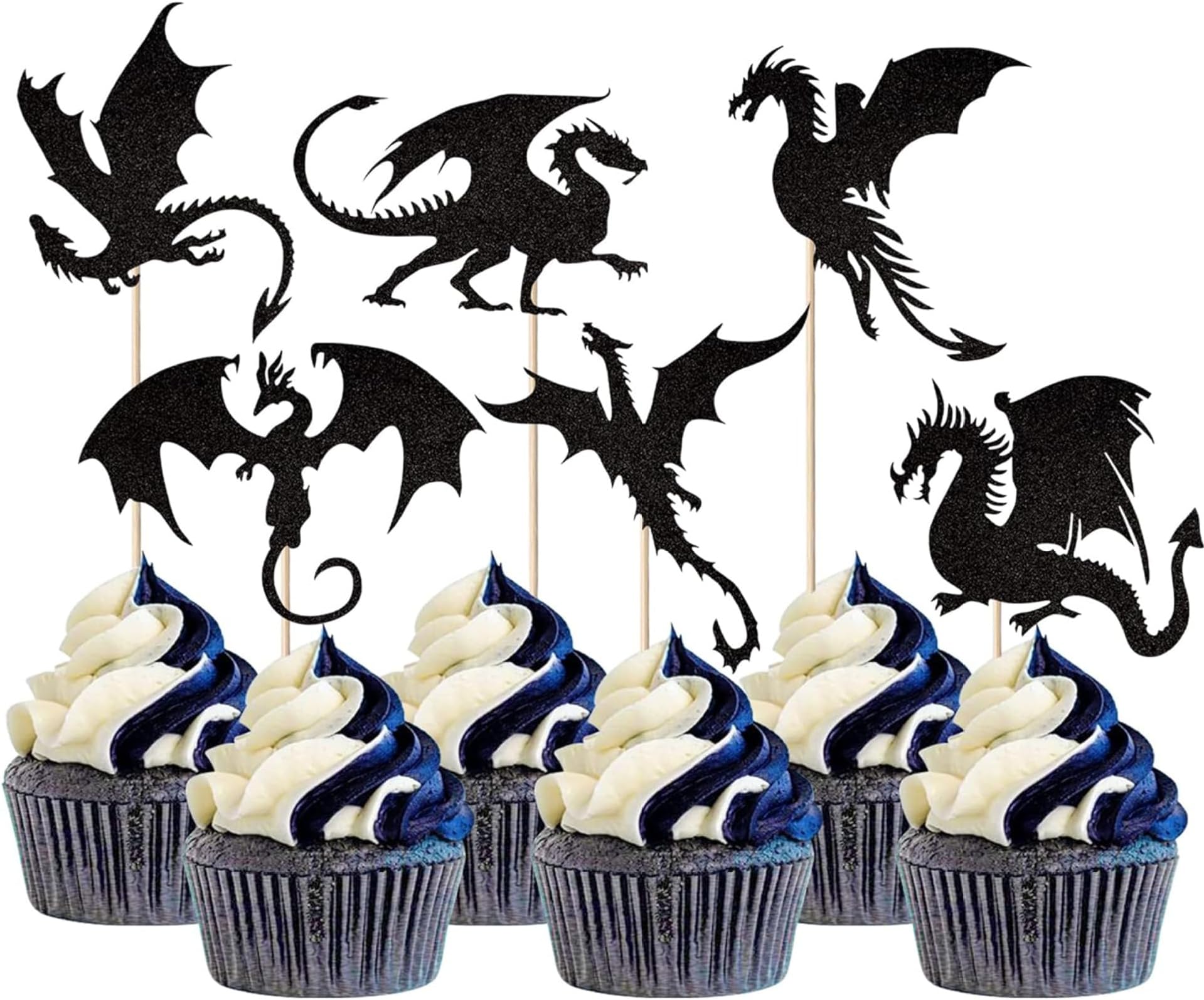 24Pack Dragon Cupcake Toppers Black Glitter Dinosaur Birthday Cupcake Picks for Flying Dragon Theme Baby Shower Kids Birthday Party Cake Decorations Supplies