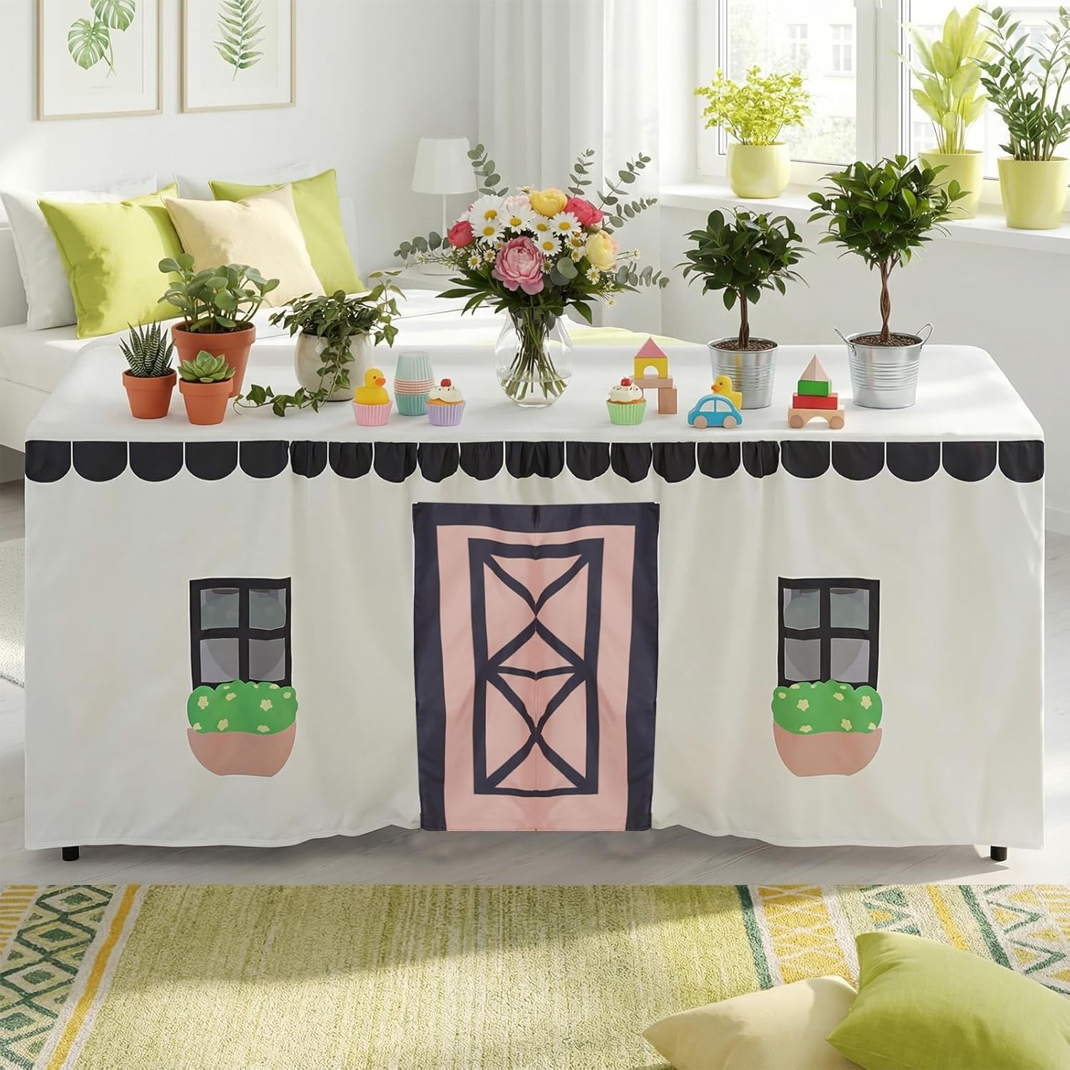 Oudain 10ft x 7.5ft Large Tablecloth Playhouse for Kid Table Fort Cover Table Cloth Tent Playhouse for Dining Room Birthday Indoor Outdoor Party Playground (Mixed Colors, Farmhouse Style)