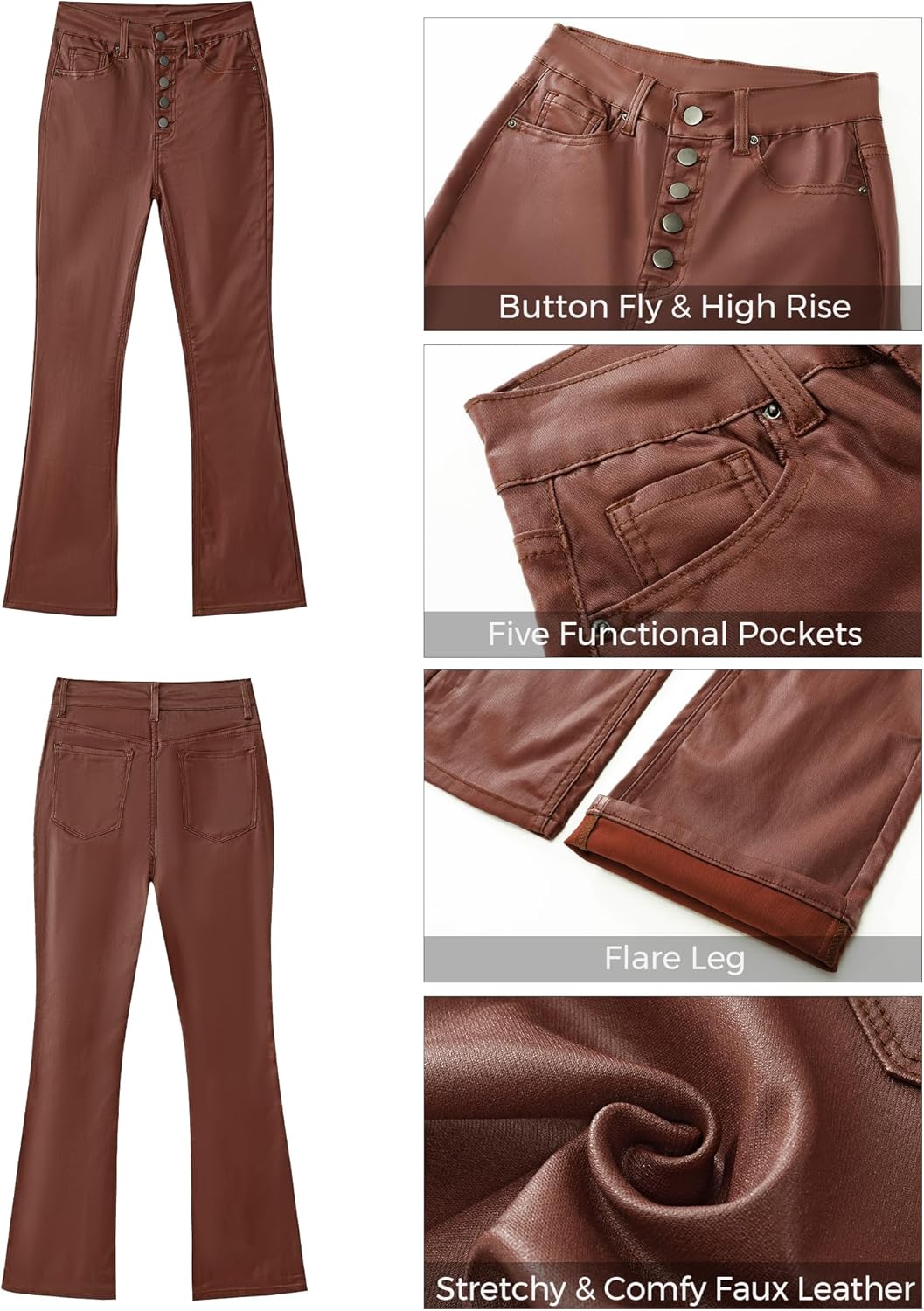 GRAPENT Flare Pants for Women High Wasited Stretchy Faux Leather Look Button Fly Jeans Trendy Bell Bottom Trousers - Image 6