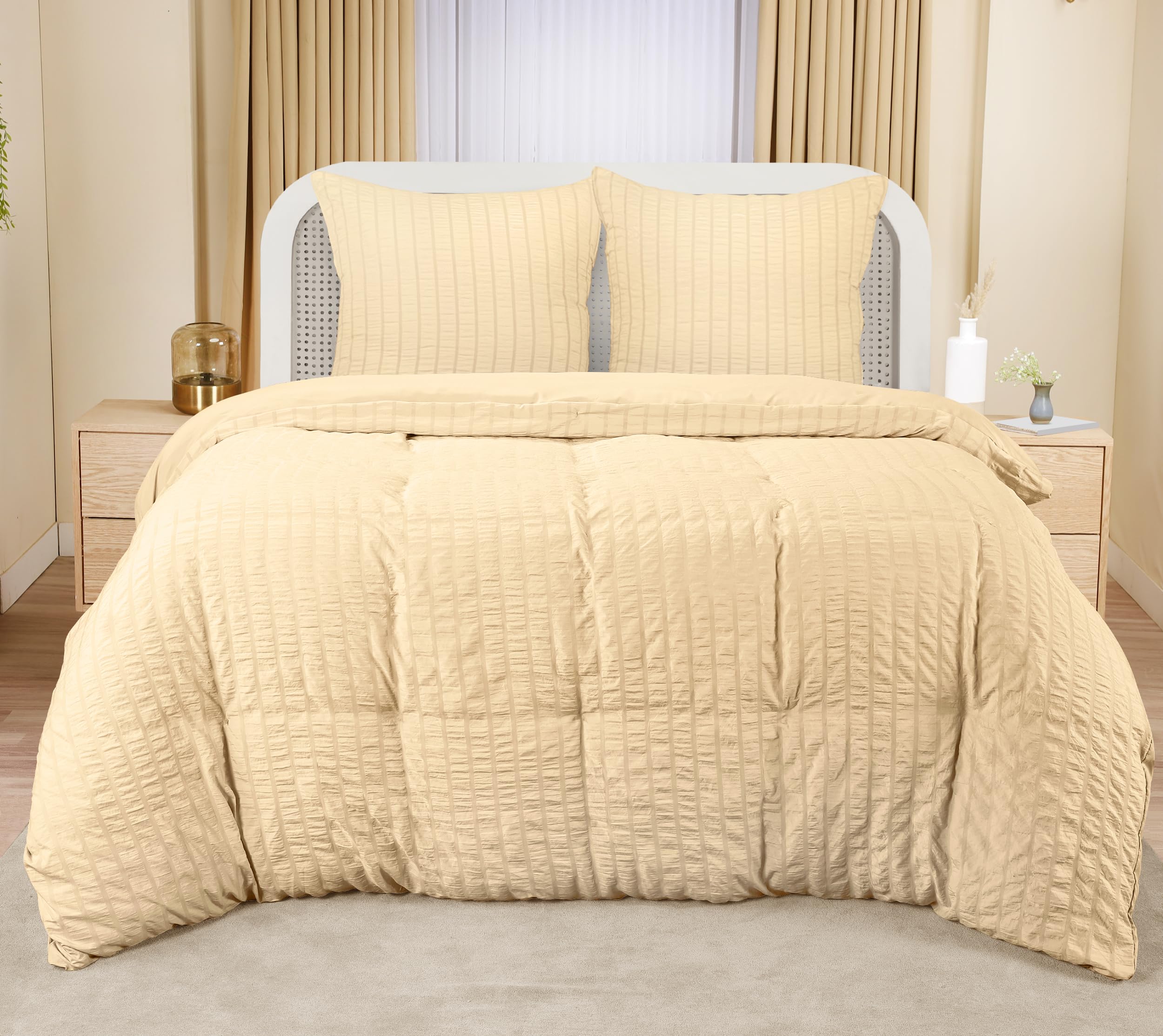 Utopia Bedding Seersucker Copripiumino Una Piazza e Mezza - Microfibra Copripiumino 200x200cm + Federe 80x80cm - Beige