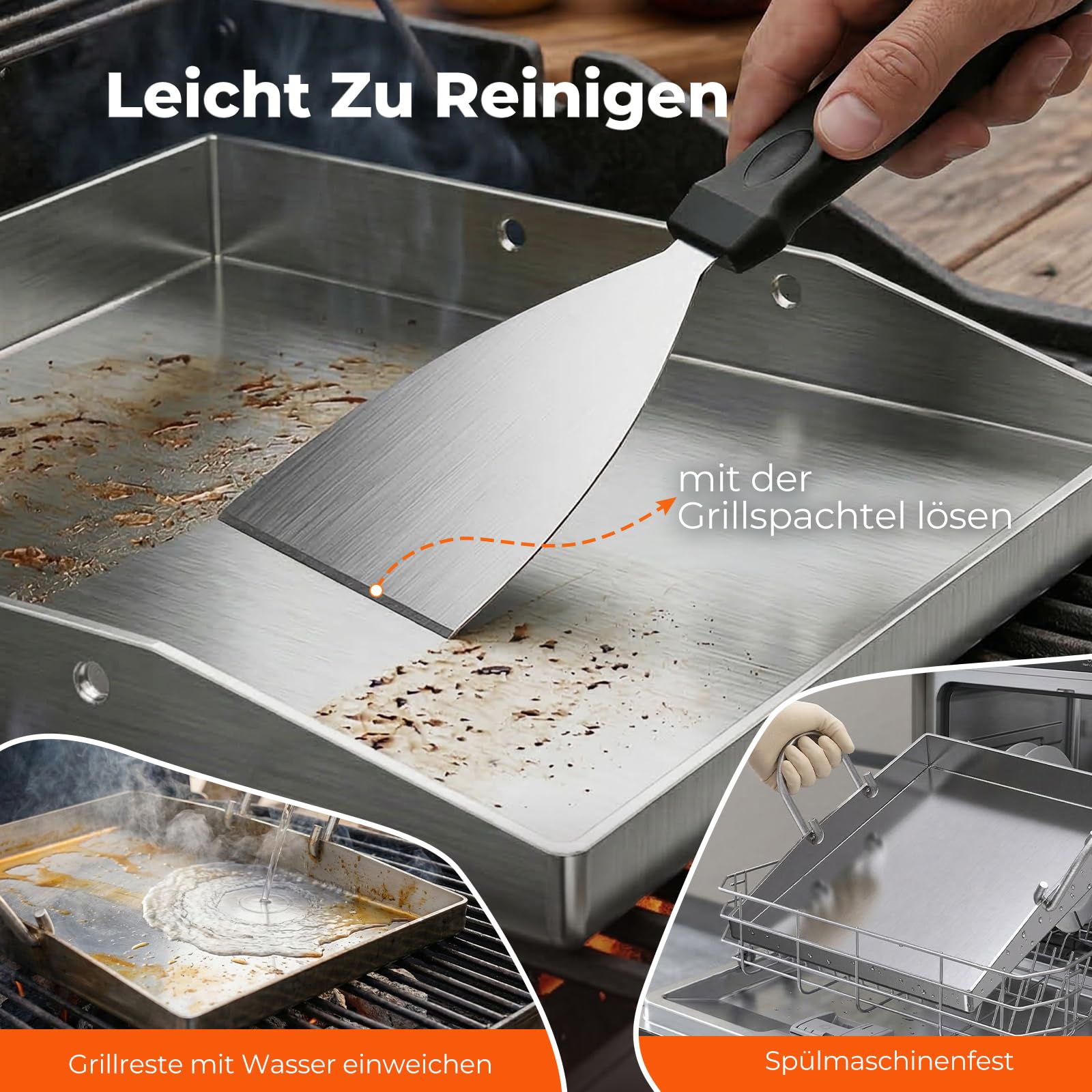 Plancha Grillplatte 40 x 30 cm mit Perforation, 4 mm Edelstahlplatte, hitzebeständig & verformungsfrei, geeignet für Burger, Gemüse, Fisch und Steak. Inklusive Grillspatel und abnehmbarem Griff.
