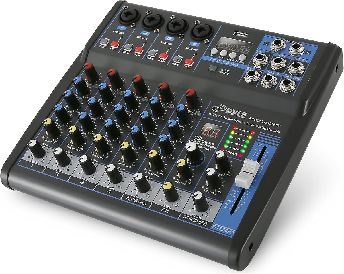 Professional 6 Channel Audio Mixer with Bluetooth - DJ Sound Board - USB Computer Input - Built-in MP3 Player - 48V Phantom Power - 3 Band EQ - 16-Bit DSP FX - Band, Studio Ready - PMXU63BT