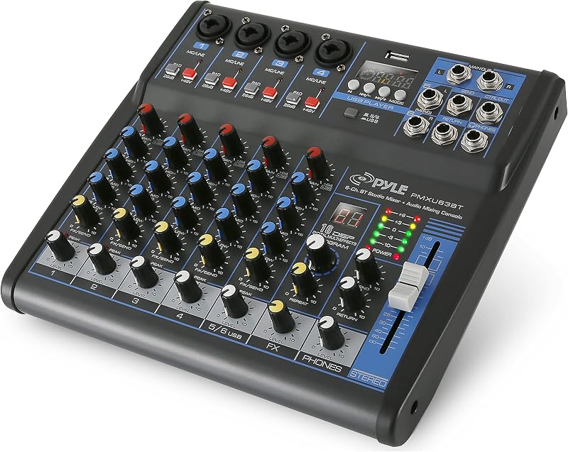 Professional 6 Channel Audio Mixer with Bluetooth - DJ Sound Board - USB Computer Input - Built-in MP3 Player - 48V Phantom Power - 3 Band EQ - 16-Bit DSP FX - Band, Studio Ready - PMXU63BT