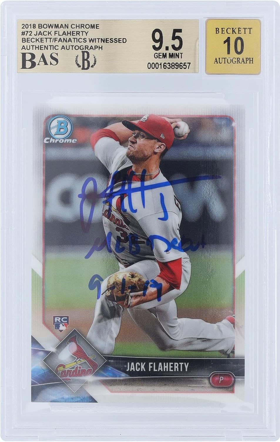 Jack Flaherty St. Louis Cardinals Autographed 2018 Bowman Chrome #72 Beckett Fanatics Witnessed Authenticated 9.5/10 Rookie Card with "MLB Debut 9-1-17" Inscription - Baseball Slabbed Rookie Cards