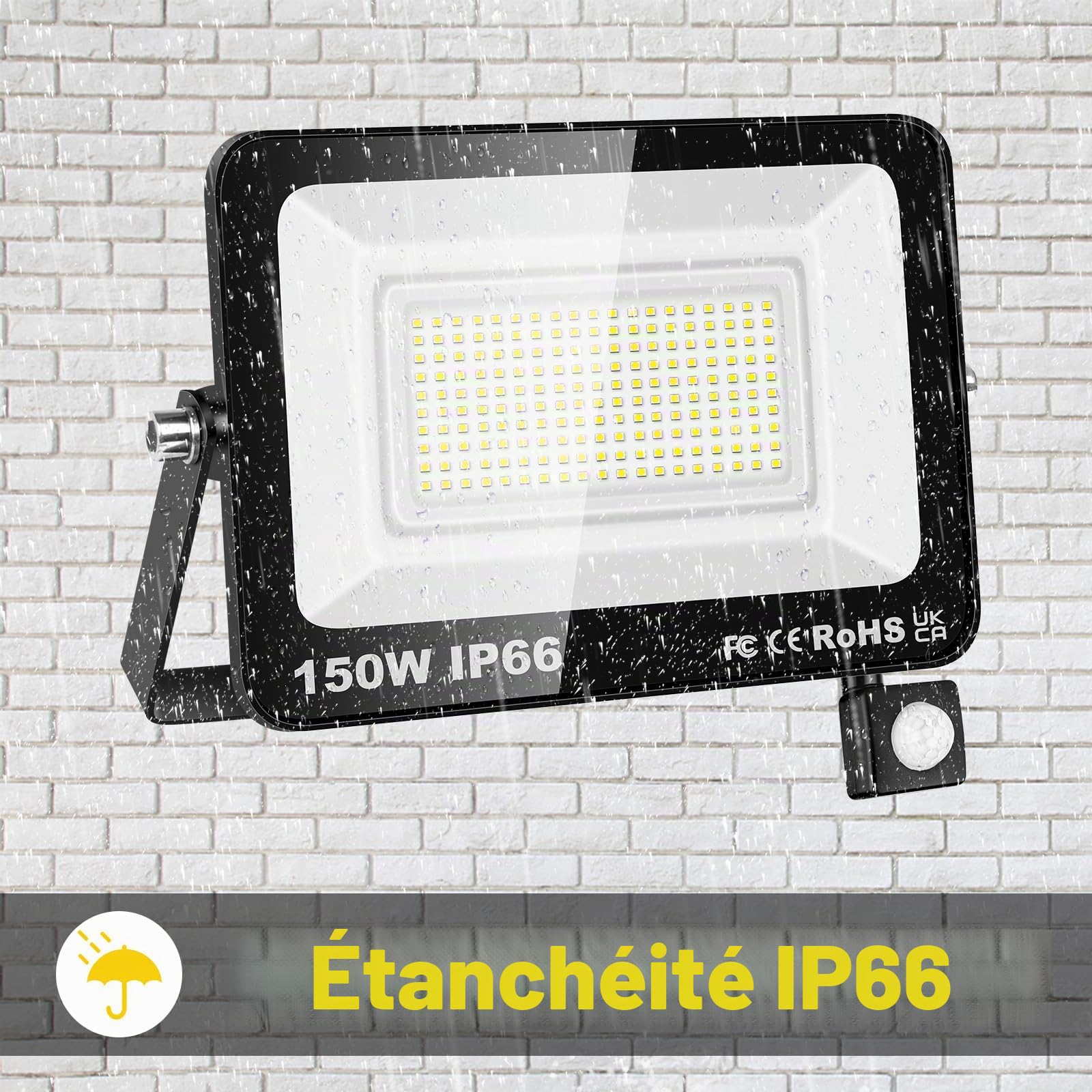 RIGIDON 150W Projecteur LED Avec Détecteur de Mouvement, 15000LM 6000K Blanche Froide Spot LED Extérieur Avec Détecteur IP66 Etanche, Éclairage de Sécurité Extérieur pour Jardin Patio Garage Terrasse