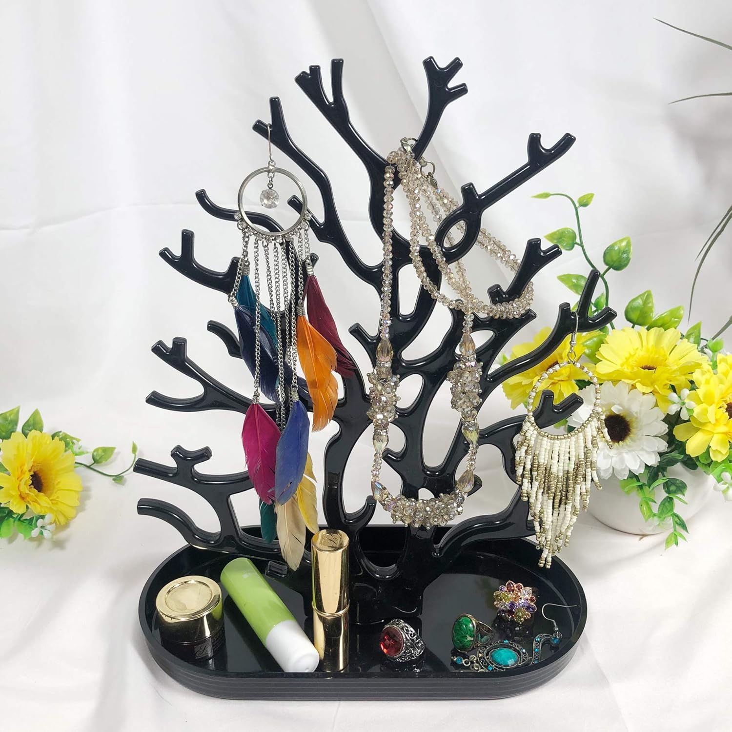 NewFerU Coral Tree Jewelry Hanging Stand Display Table Top Necklace Bracelet Holder Earring Hanger Organizer Rack Tower with a Ring Watch Dish Tray for Women Girls (Black)