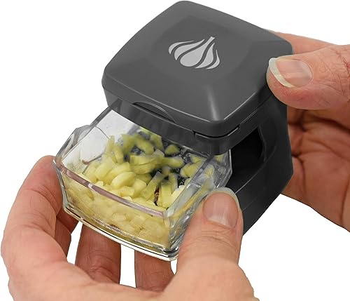 Miniatura 4 de Prensa de ajo, trituradora, cortadora, picadora y recipiente de almacenamiento, incluye pelador de ajo de silicona, fácil de limpiar, cuchillas de