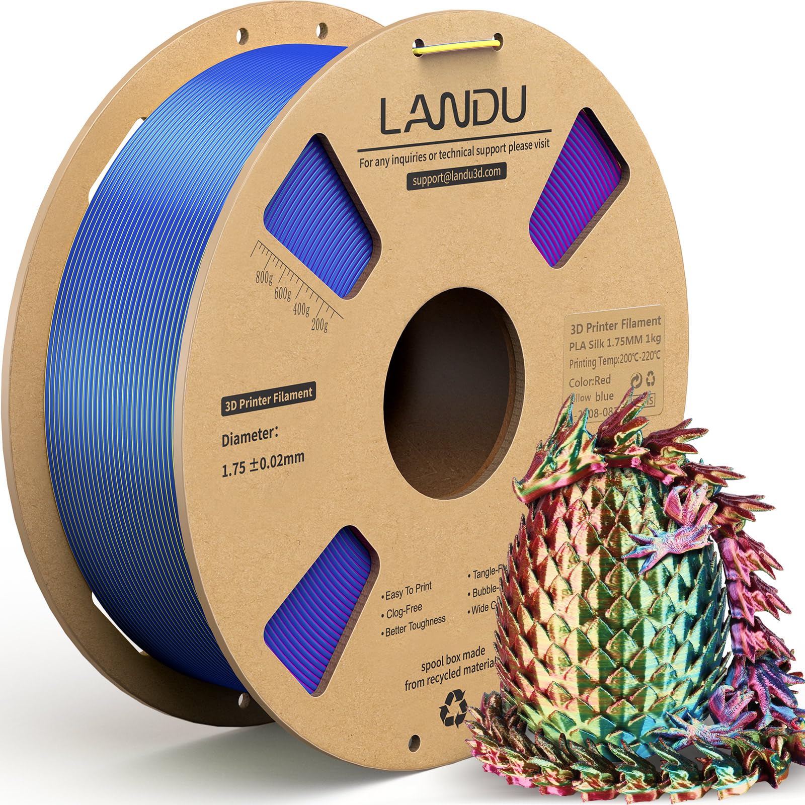 LANDU Silk Tri-Color PLA Filament 1.75mm 1Kg, Triple Color Silk PLA Filament, Silk Rainbow PLA Filament, Neatly Wound 3D Printer Filament, 3 in 1 Multi Color Filament +/-0.02mm, Silk Red Yellow Blue