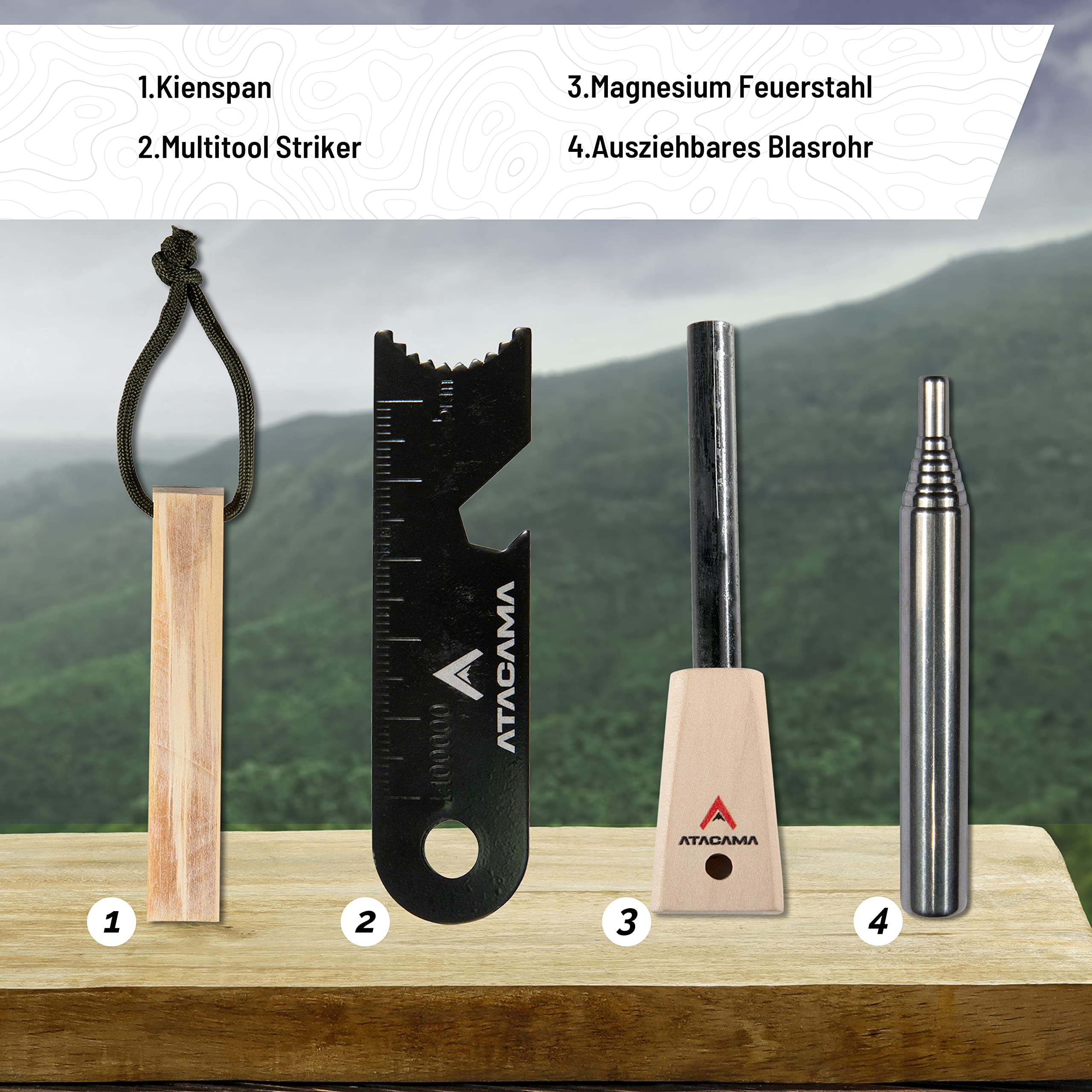 Atacama Krzesiwo survivalowe zestaw z narzędziem wielofunkcyjnym, krzesiwo Kienspan Tinder, dmuchawka i krzesiwo - wyposażenie outdoorowe i wyposażenie bushcraft - Firestarter - wieczna zapałka
