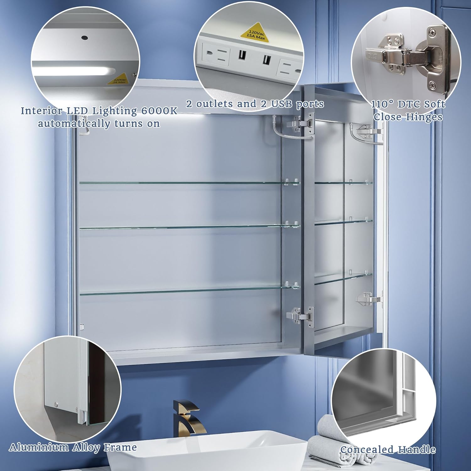 Close-up of interior features including LED lighting, 2 outlets, 2 USB ports, and 110-degree soft-close hinges