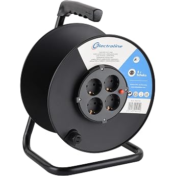 Electraline 94014 Empty Cable Reel Housing 4 Sockets 50 Metre Winding Capacity Black