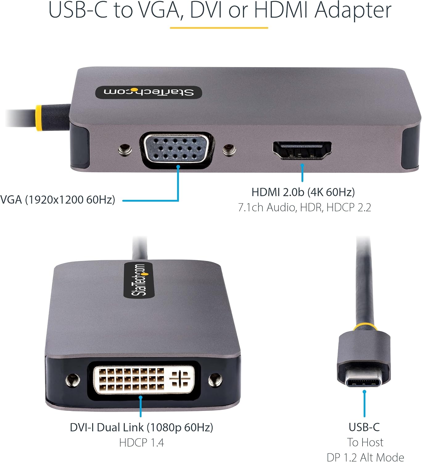 StarTech.com USB C Video Adapter, USB C to HDMI DVI VGA Adapter, Up to 4K 60Hz, Aluminum, Multiport Video Display Adapter, Thunderbolt 3/4 Compatible, USB Type C Travel Adapter (118-USBC-HDMI-VGADVI)