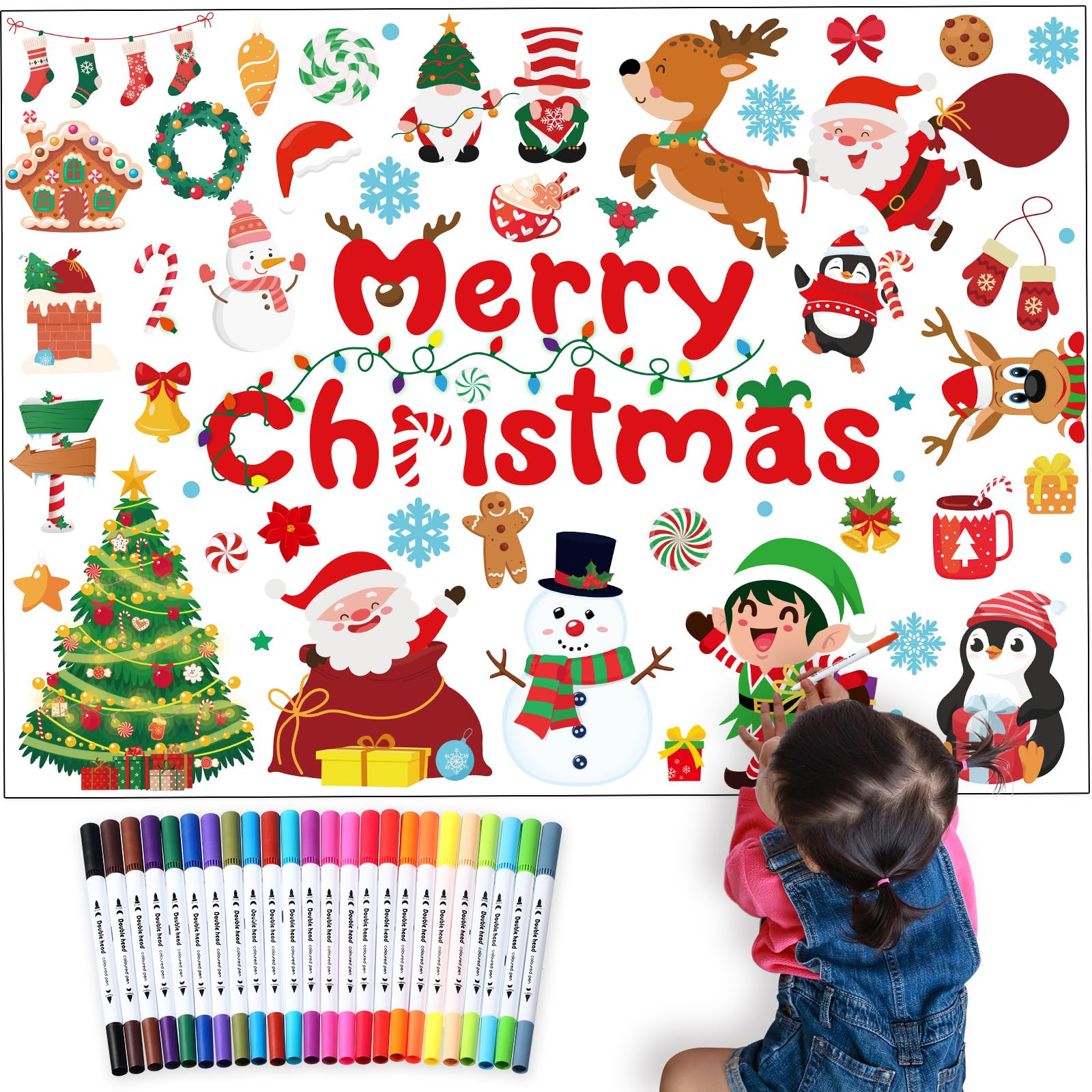 Faccito Christmas Coloring Poster with 24 Watercolor Markers Giant Xmas Coloring Sheet Merry Christmas Holiday Poster Banner for Kids Xmas Theme Winter Party DIY Activity Supplies Decoration
