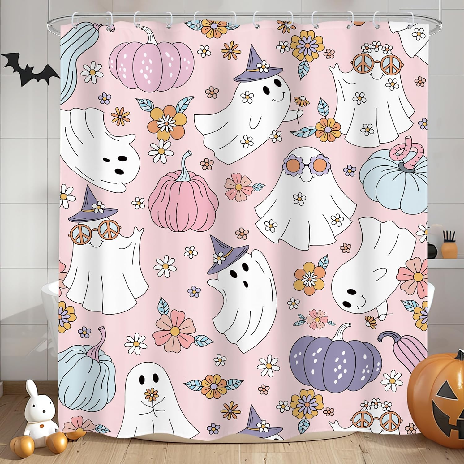 LIGHTINHOME Halloween Shower Curtain 60Wx72H Inches Cute Funny Cartoon Ghost Pumpkin Lantern Autumn Harvest Spooky Kids Boys Girls Cloth Fabric Waterproof Polyester Bathroom Home Decor Set with Hooks
