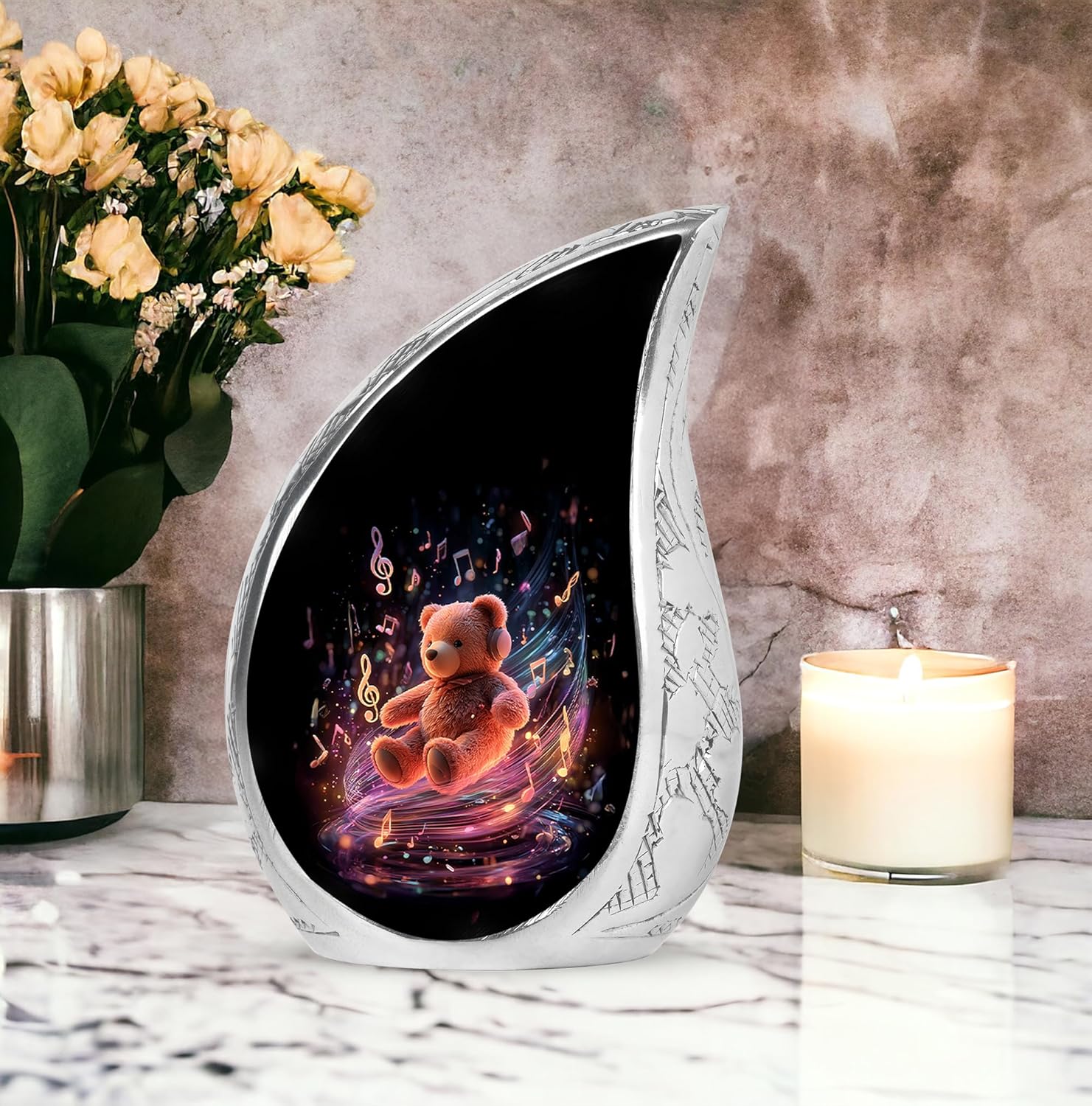 Teddy Bear Cremation Urns for Adult Ashes Women - Decorative Music Memorial Urns for Adult Male - Black Teardrop Urn for Brother & Sister - Decorative Funeral Urn for Mom & Dad - 10 Inch