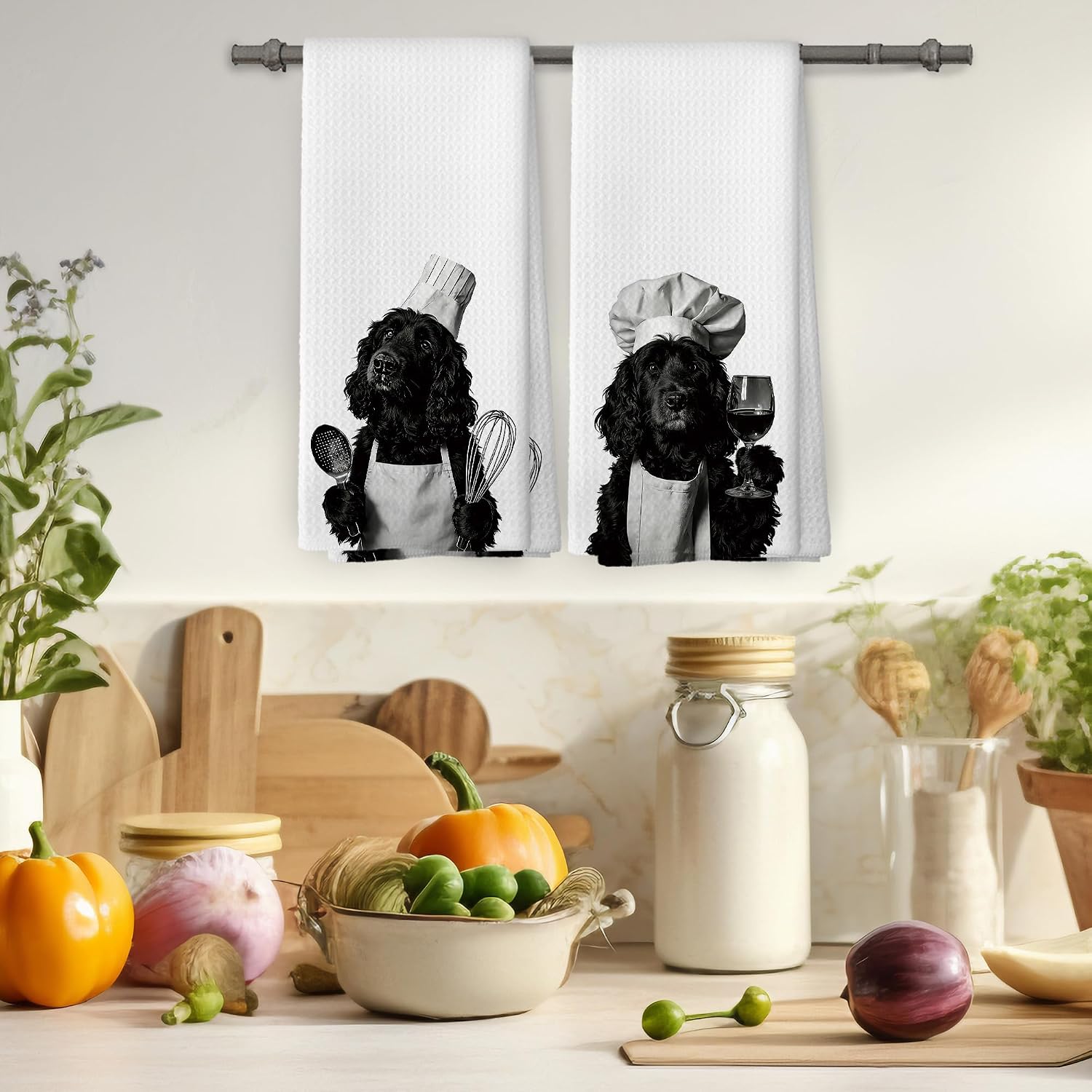 Cocker Spaniel Kitchen Towels Set of 2, Dog Kitchen Accessories, Bar Decor, Dog Chef Gift Hand Towel, Black and White Pet Owner Gifts Dining Room Kitchen Decorative Tea Towels 16x24 Inch image 4