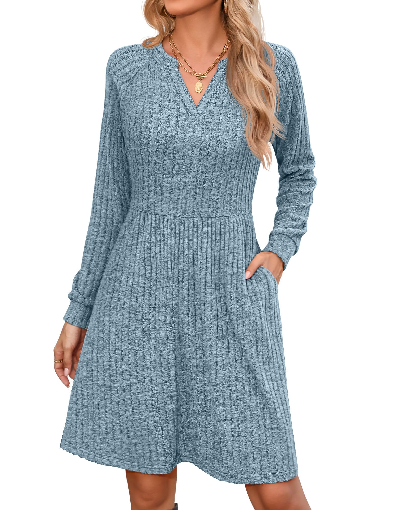 Riyiper Women's Knit Sweater Dress, Long Sleeve V Neck Babydoll Dress with Pockets Casual Knee Length Clothes Trendy 2025