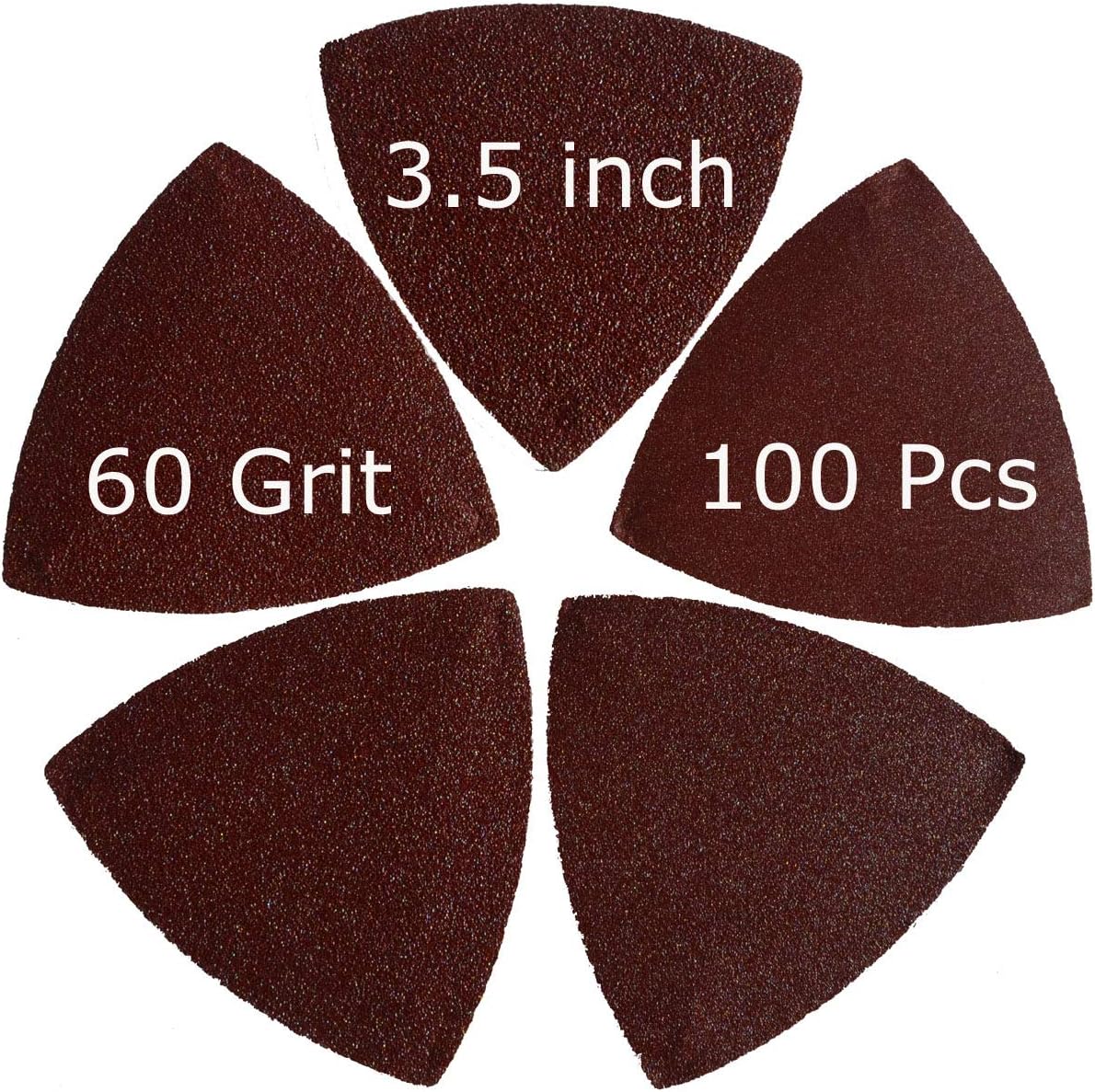XXGO 100 Pcs 60 Grits 3-1/2 Inch 90mm Triangular Hook & Loop Multitool Sandpaper for Wood Sanding Fit 3.5 Inch Oscillating Multi Tool Sanding Pad XG902060 - - 