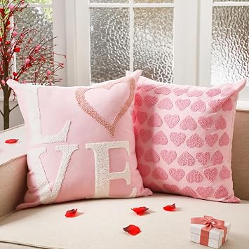 FuWeave Set of 2 Valentines Day Love Heart Throw Pillow Cover 18 x 18 Inches Valentines Embroidery Throw Pillow Covers Soft Red Pink White Decorative Cushion Covers for Sofa Couch Bed
