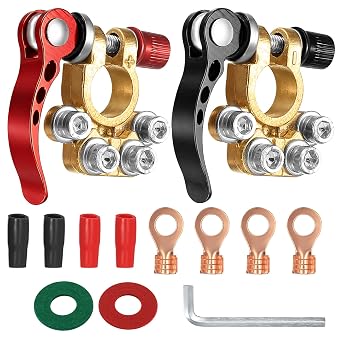 Car Battery Terminal Connectors, 2pcs Battery Terminals Top Post | 4 Way Auto Battery Clamps, Positive Negative Disconnect. Fits SAE/JIS Type A Posts.
