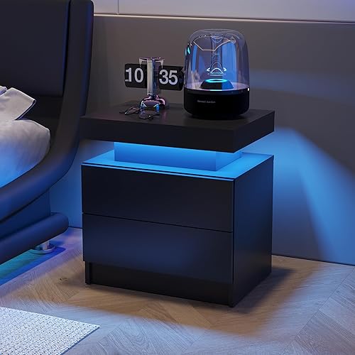 Miniatura 19 de Mesitas de noche LED, mesa auxiliar moderna con 2 cajones, muebles de dormitorio LED para dormitorio y sala de estar, gris 2-Gris,Gris,Negro,negro,