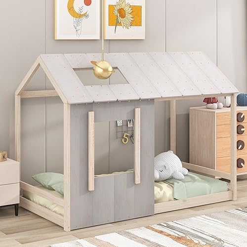MERITLINE Marco de cama individual de madera, cama Montessori con techo y ventana, diseño de casa de juegos para niños, niñas y niños (gris antiguo