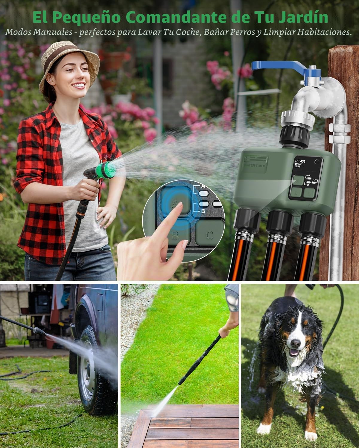 Programador de Riego WiFi+RF433 3 Salidas Automatico y en Poco Tiempo Flexible Temporizador con Riego Retrasado por Lluvia para Mangueras Jardin