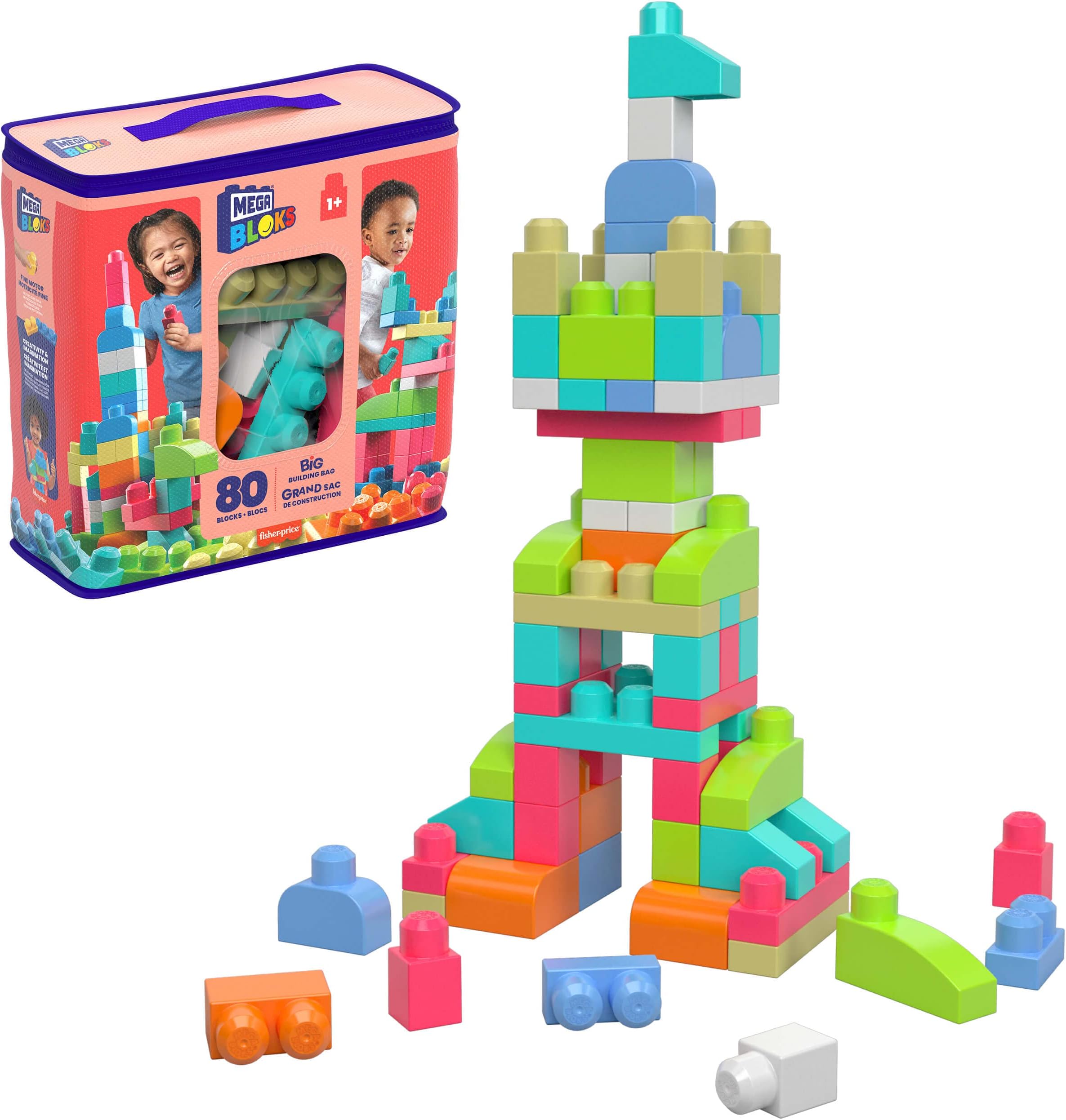 Mega Bloks First Builders Toddler Blocks Toys Set, Big Building Bag with 80 Pieces and Storage, Red, Ages 1+ Years