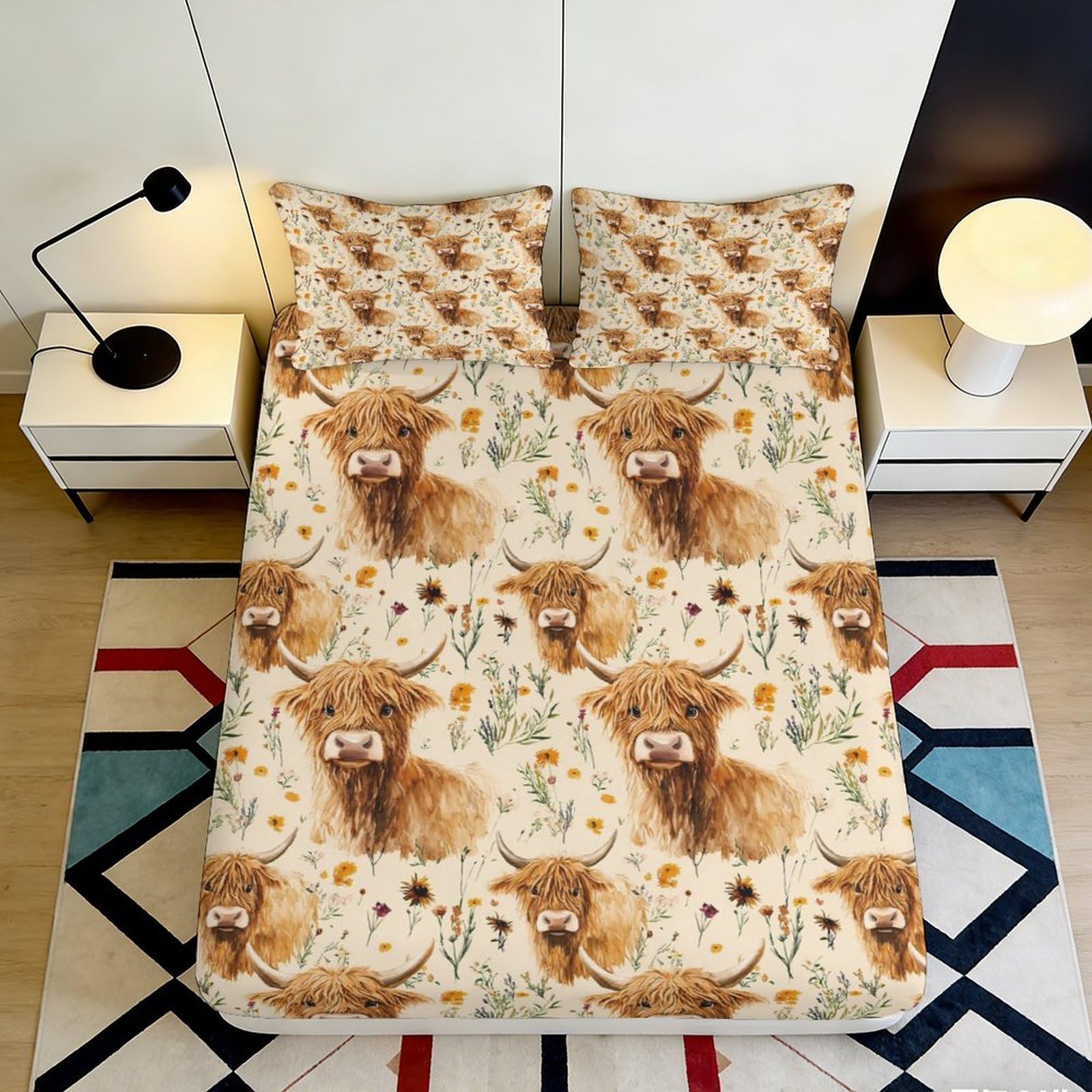 Pnayamiorkfel Style-6 3D Printed Highland Cow Fitted Sheet Microfiber Anti-Slip Floral Pastoral Bed Cover For Bedroom Guest Room Decor 90X200x25cm