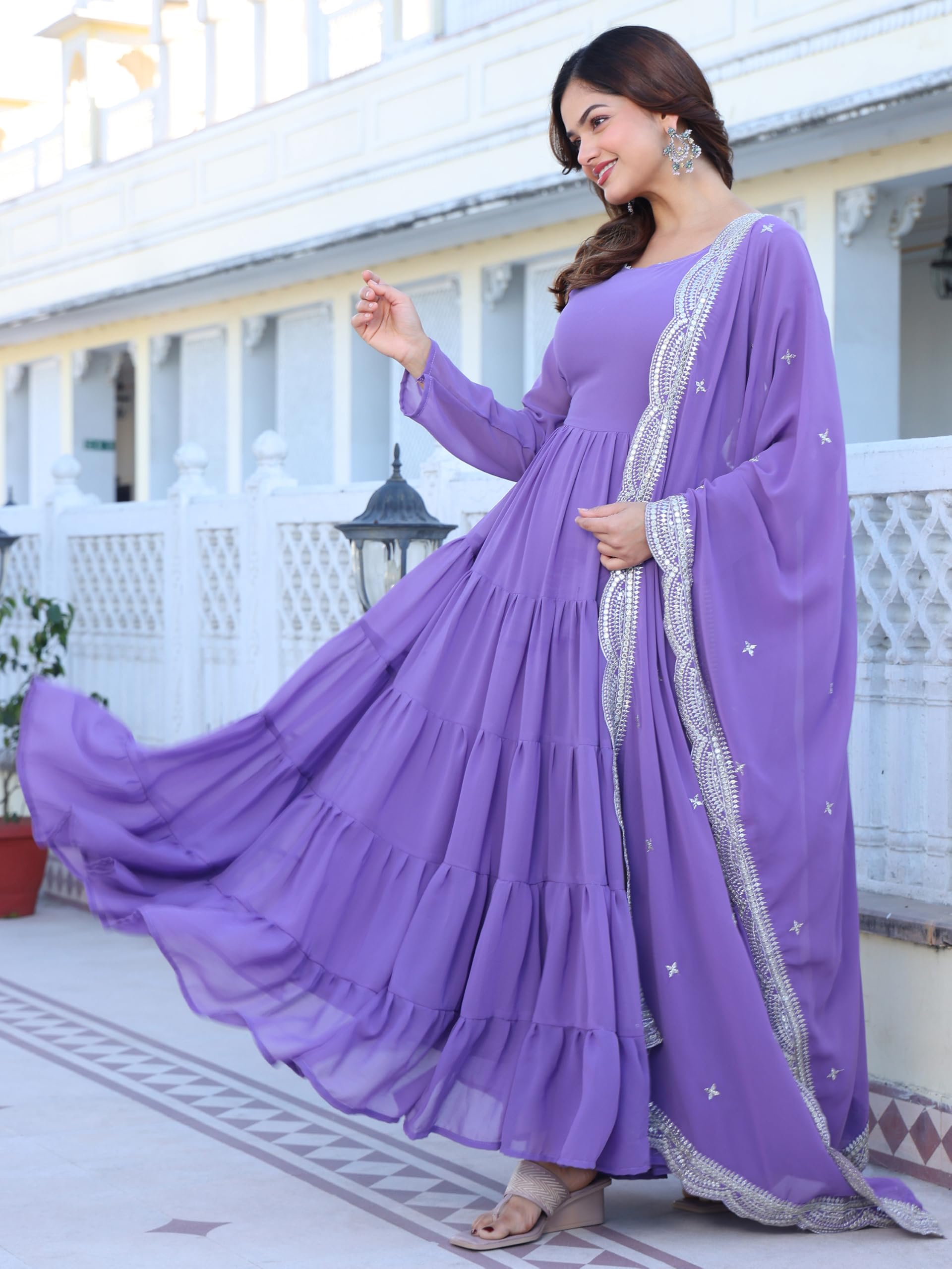 Fashion Basket Women's Georgette Solid Anarkali Dress Lavender