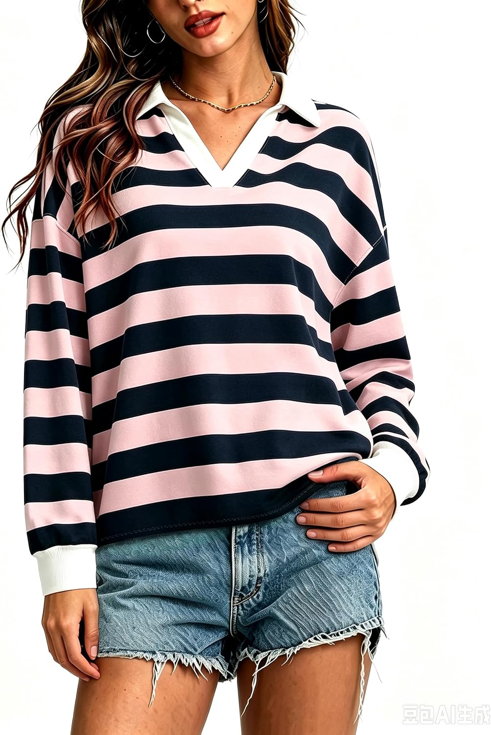 Women Oversized Striped Long Sleeve V‑Neck Rugby Polo Pullover Top