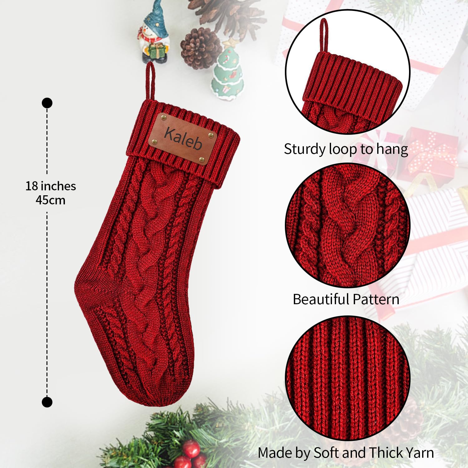 Chaussette de Noel Personnalisé avec Nom, Grandes Tricotés Chaussette de Noël Suspendre Cheminee Decorative Chaussette Noel Broderie Bas Personnalisable Cadeau Décorations Sapin de Noel
