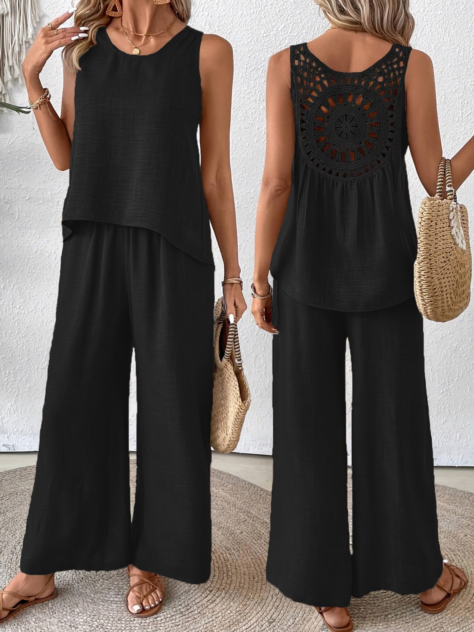 Conjunto de 2 piezas para mujer, camiseta sin mangas y pantalones de pierna ancha, pantalones palazzo de cintura alta — view 7