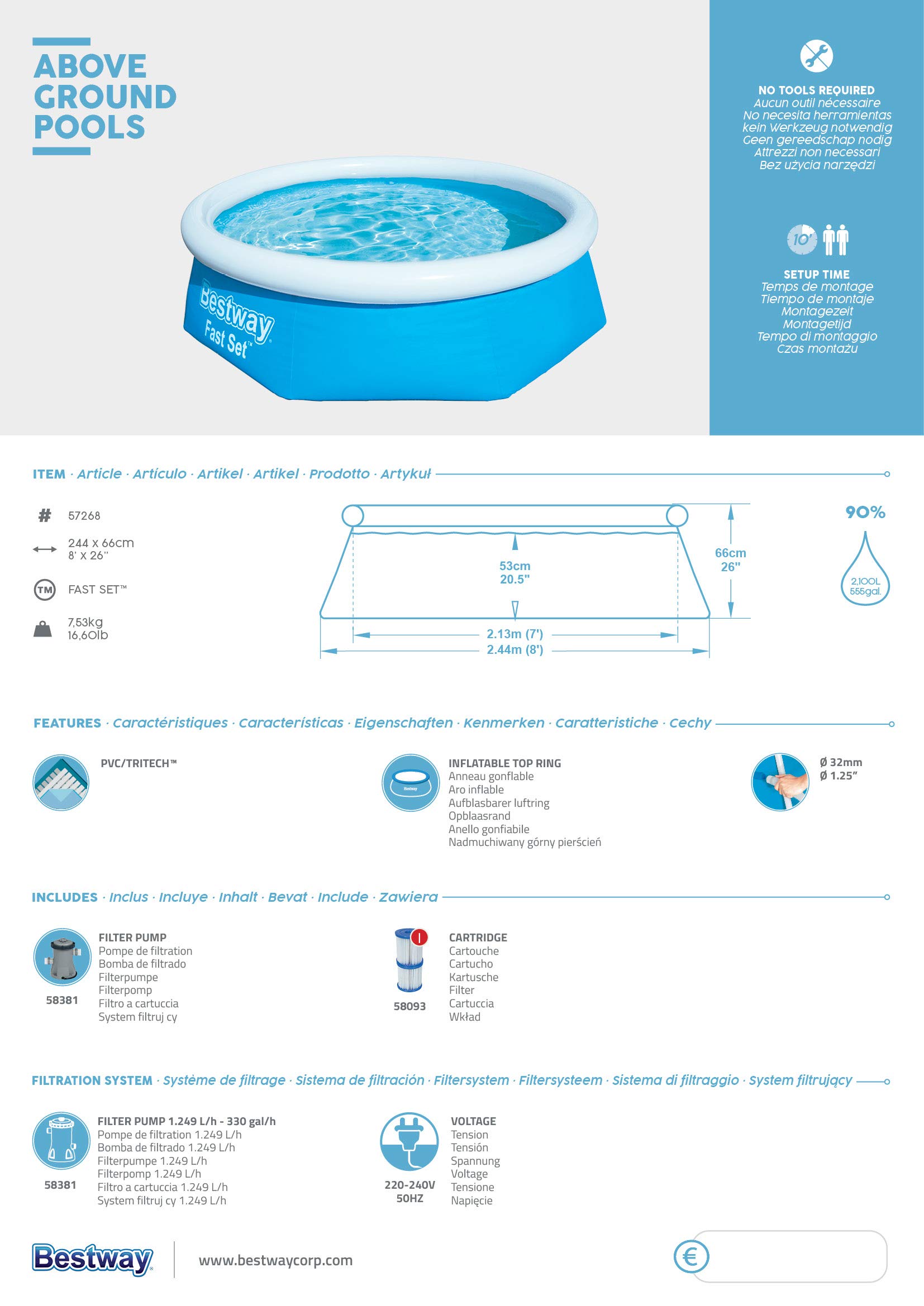 Bestway Fast Set Pool Set mit Filterpumpe, 244 x 66 cm, blau, 57268, 244x66 cm